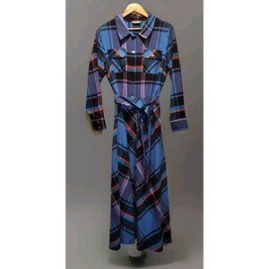 Soft Surroundings Blue Plaid Maxi Shirt Dress with Tie Waist